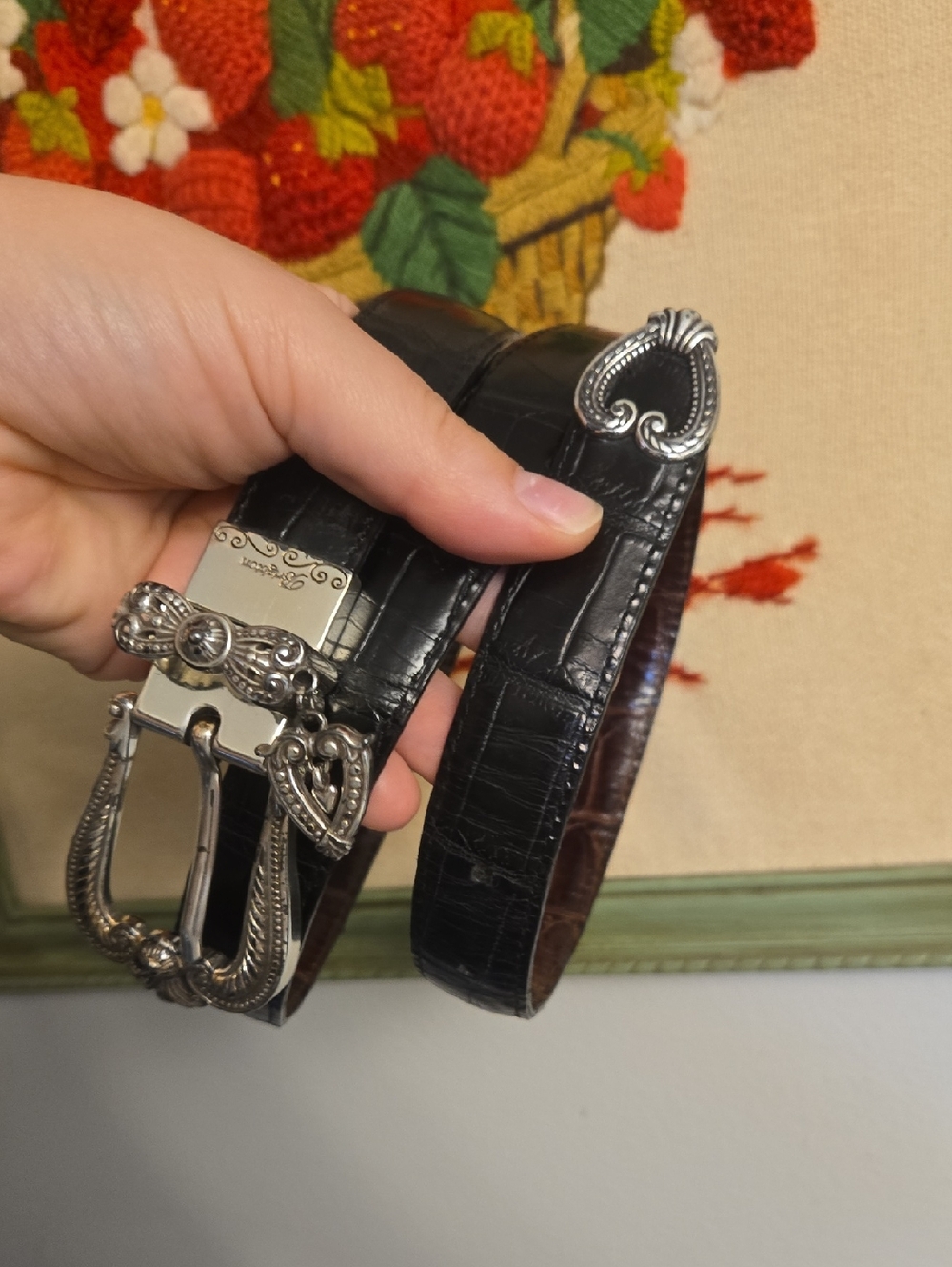 Brighton Brown women's Belt with Crocodile Pattern, Adjustable Silver Buckle